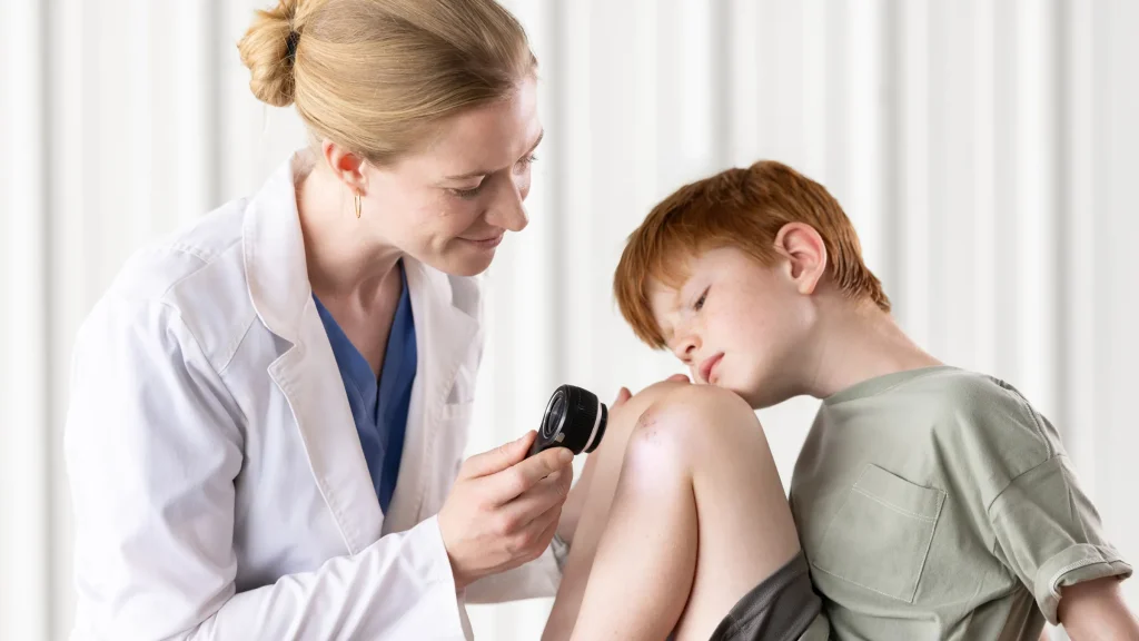 Dr Laggis examines a rash on a young patient's knee with a dermatoscope